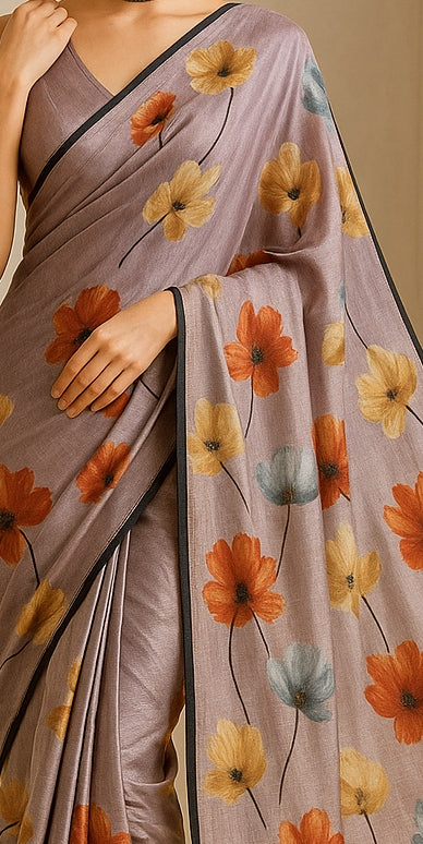 Floral Hand-Printed Pure Tussar Silk Saree FH71