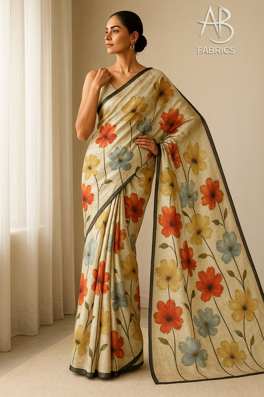 Floral Hand-Printed Pure Tussar Silk Saree FH72