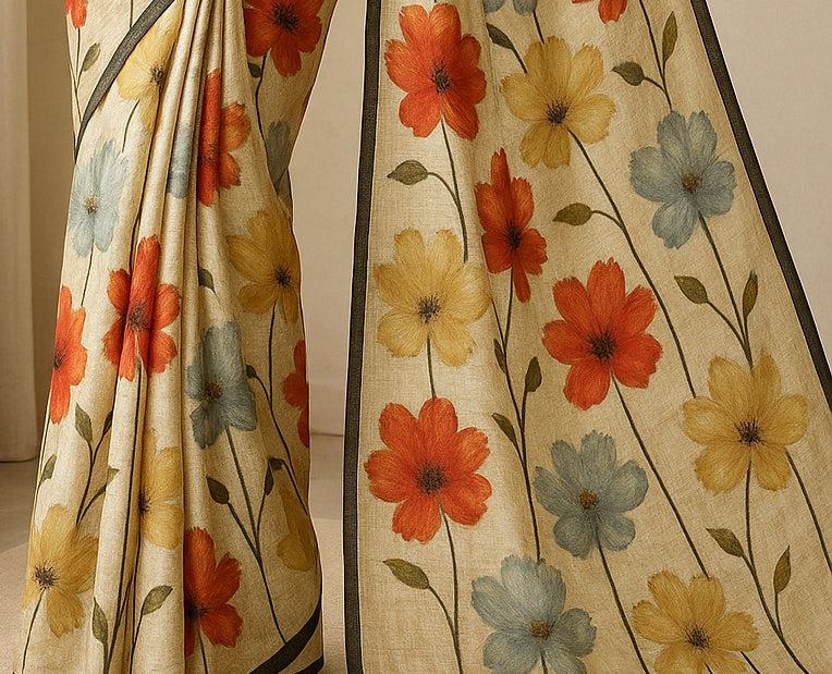 Floral Hand-Printed Pure Tussar Silk Saree FH72