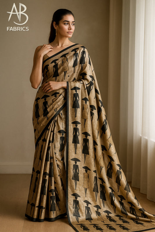 Floral Hand-Printed Pure Tussar Silk Saree FH73