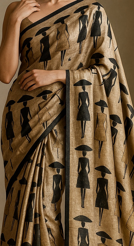 Floral Hand-Printed Pure Tussar Silk Saree FH73