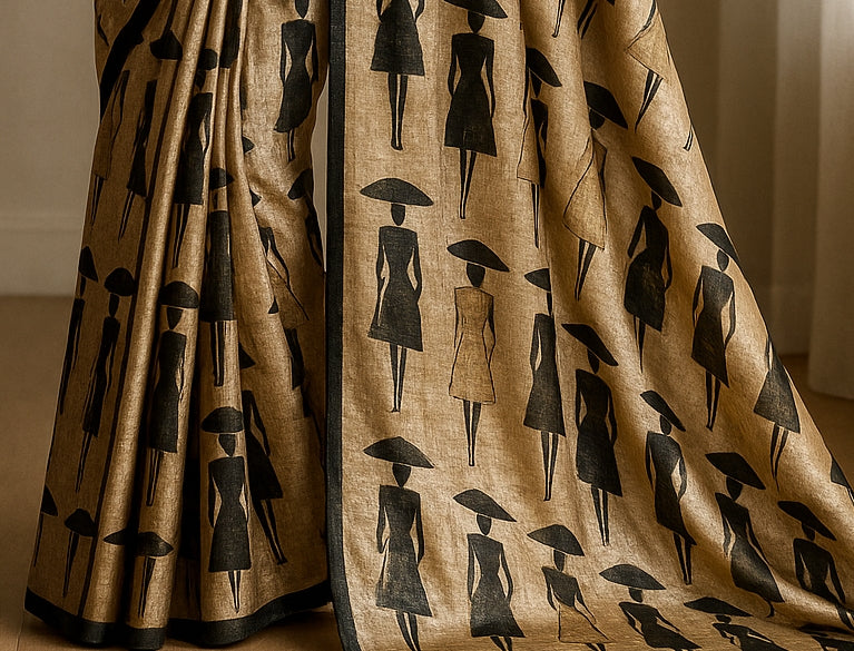 Floral Hand-Printed Pure Tussar Silk Saree FH73