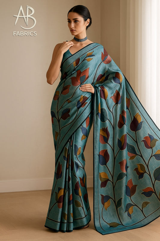 Floral Hand-Printed Pure Tussar Silk Saree FH74