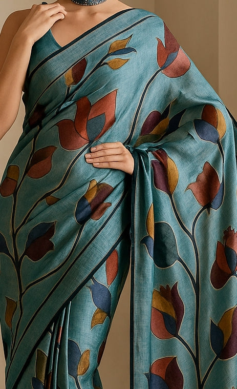 Floral Hand-Printed Pure Tussar Silk Saree FH74