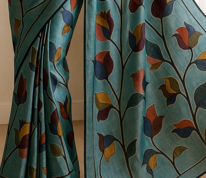 Floral Hand-Printed Pure Tussar Silk Saree FH74
