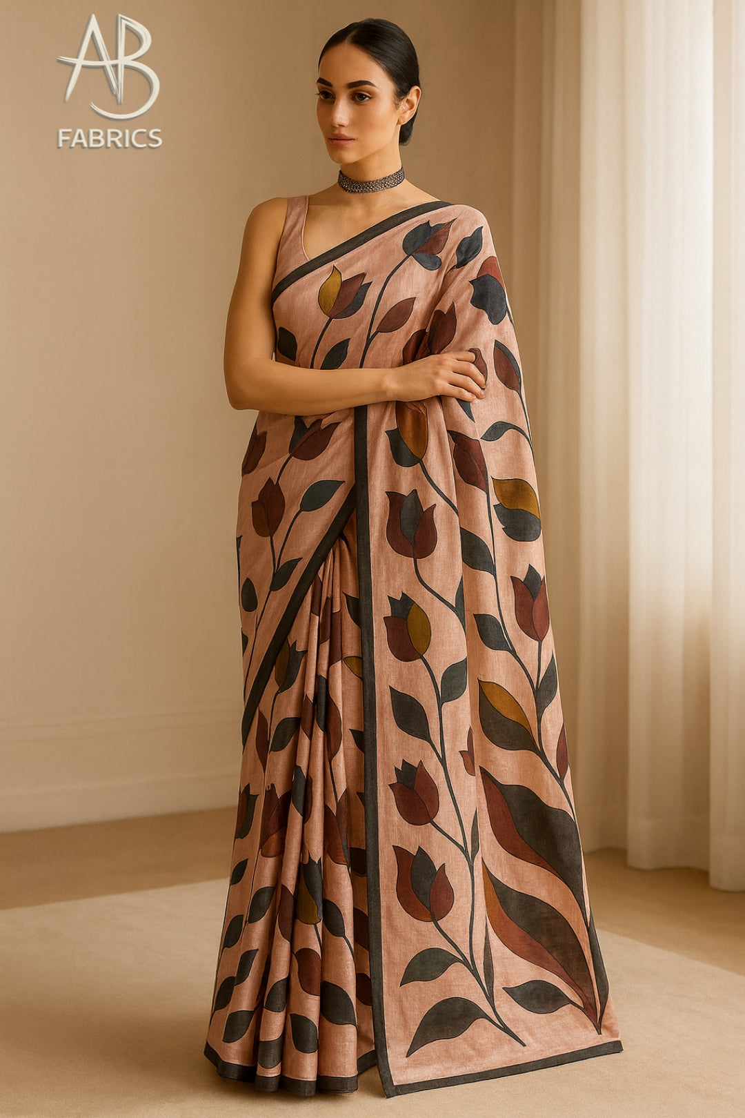 Floral Hand-Printed Pure Tussar Silk Saree FH75