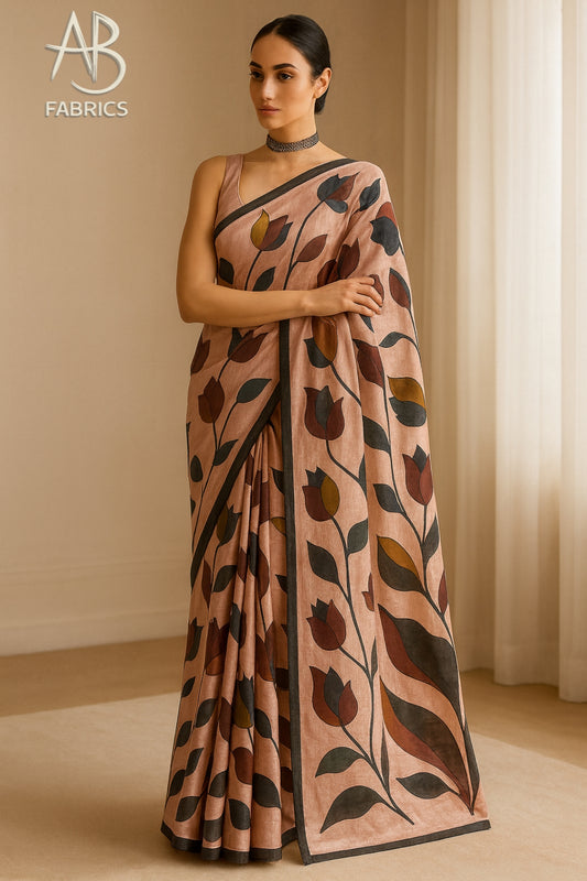 Floral Hand-Printed Pure Tussar Silk Saree FH75