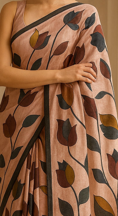Floral Hand-Printed Pure Tussar Silk Saree FH75