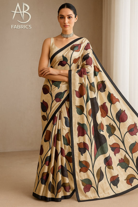 Floral Hand-Printed Pure Tussar Silk Saree FH76