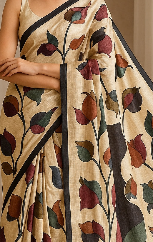 Floral Hand-Printed Pure Tussar Silk Saree FH76