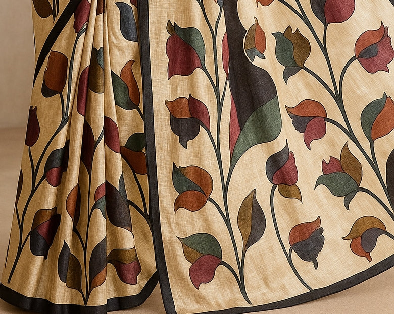 Floral Hand-Printed Pure Tussar Silk Saree FH76