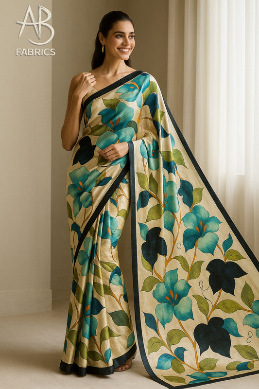 Floral Hand-Printed Pure Tussar Silk Saree FH77
