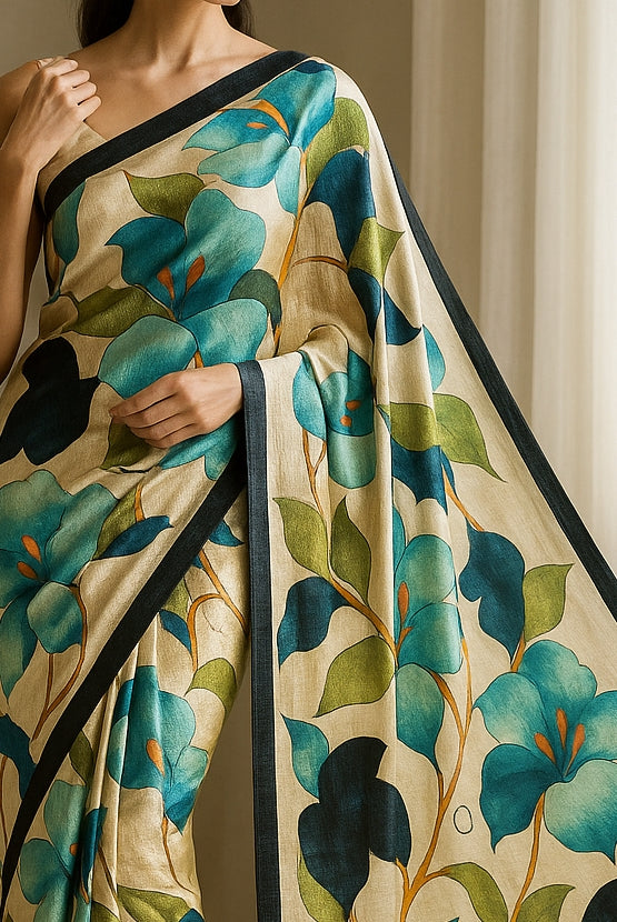 Floral Hand-Printed Pure Tussar Silk Saree FH77