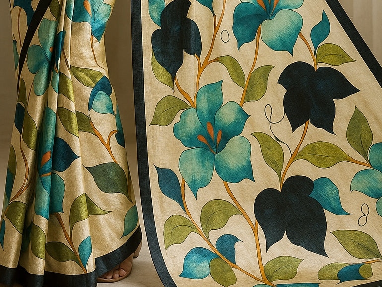 Floral Hand-Printed Pure Tussar Silk Saree FH77