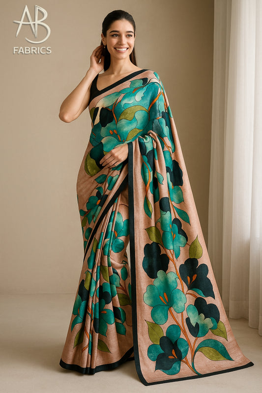 Floral Hand-Printed Pure Tussar Silk Saree FH79