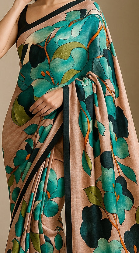 Floral Hand-Printed Pure Tussar Silk Saree FH79