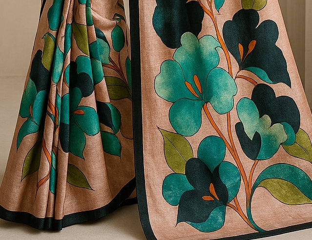 Floral Hand-Printed Pure Tussar Silk Saree FH79