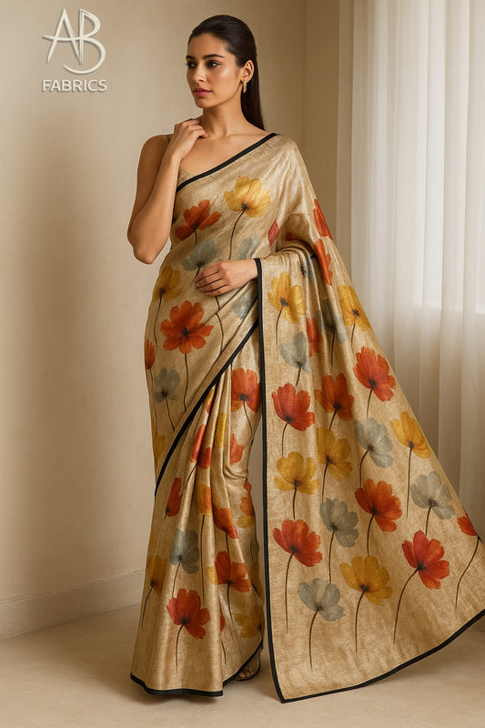 Floral Hand-Printed Pure Tussar Silk Saree FH78