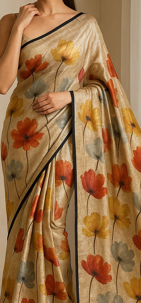 Floral Hand-Printed Pure Tussar Silk Saree FH78