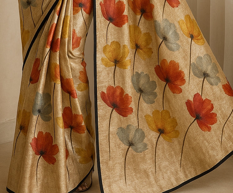 Floral Hand-Printed Pure Tussar Silk Saree FH78
