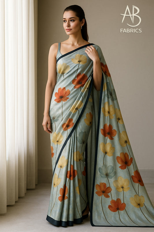 Floral Hand-Printed Pure Tussar Silk Saree FH80