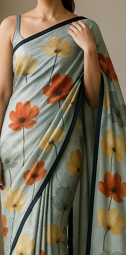 Floral Hand-Printed Pure Tussar Silk Saree FH80
