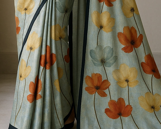 Floral Hand-Printed Pure Tussar Silk Saree FH80