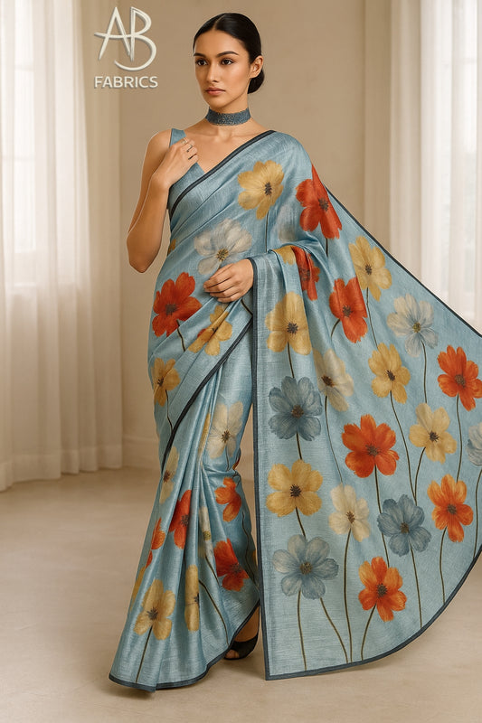 Floral Hand-Printed Pure Tussar Silk Saree FH81