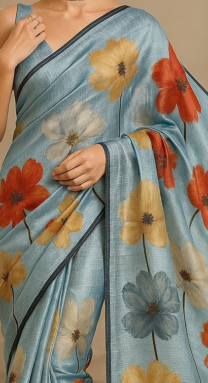 Floral Hand-Printed Pure Tussar Silk Saree FH81