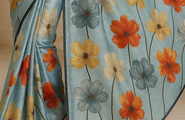 Floral Hand-Printed Pure Tussar Silk Saree FH81