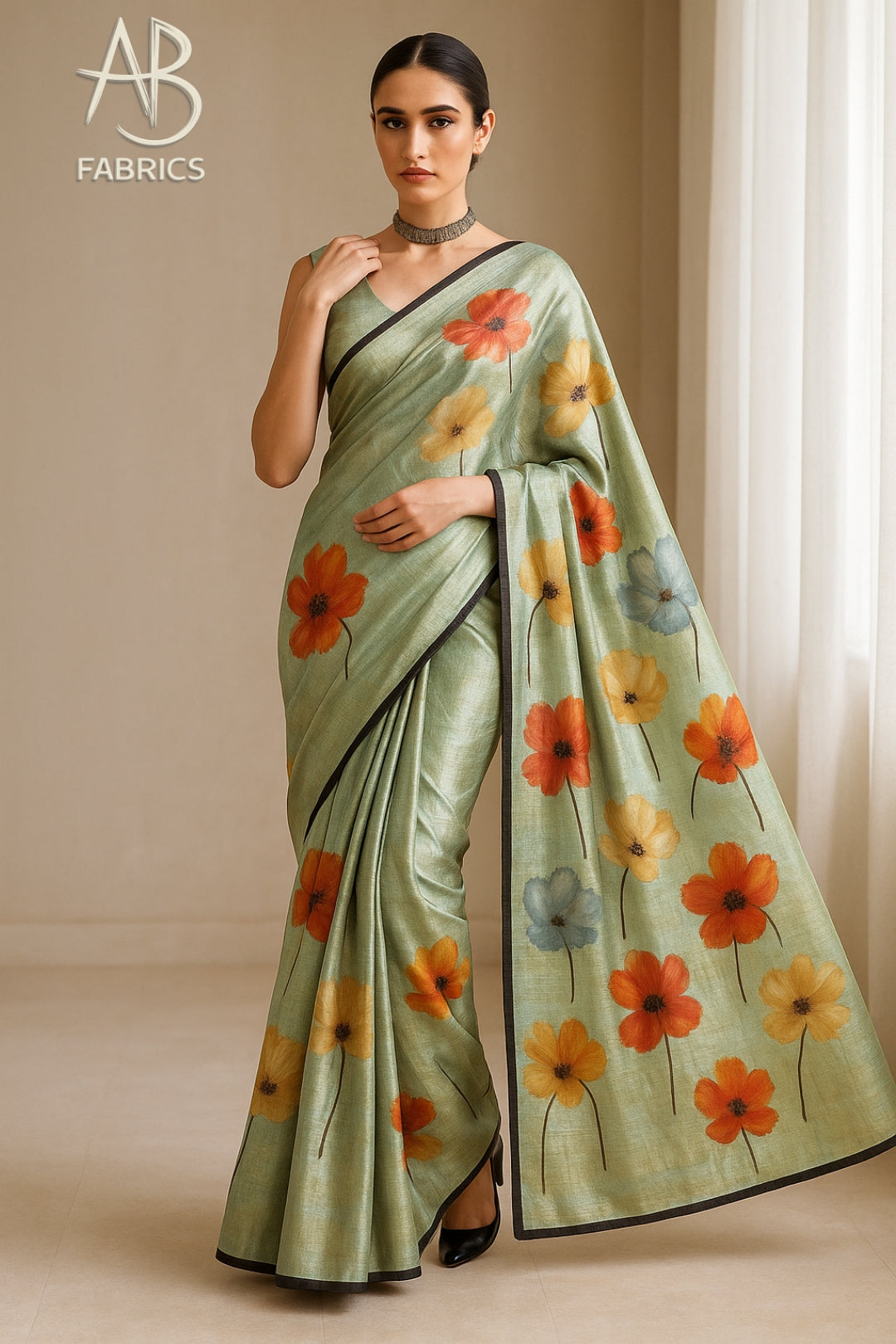 Floral Hand-Printed Pure Tussar Silk Saree FH82