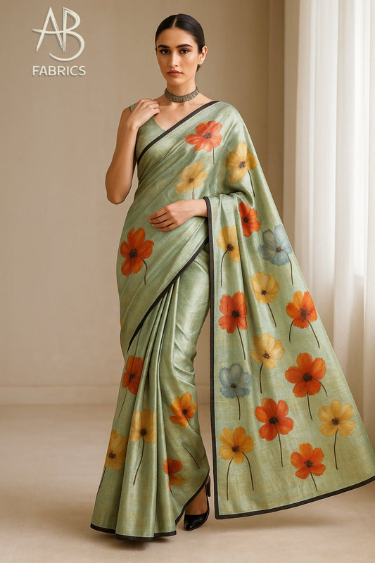 Floral Hand-Printed Pure Tussar Silk Saree FH82