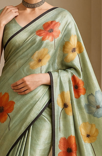 Floral Hand-Printed Pure Tussar Silk Saree FH82