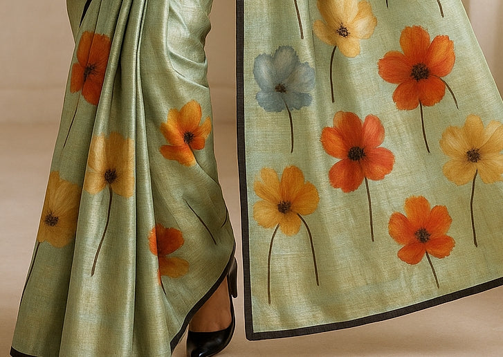 Floral Hand-Printed Pure Tussar Silk Saree FH82