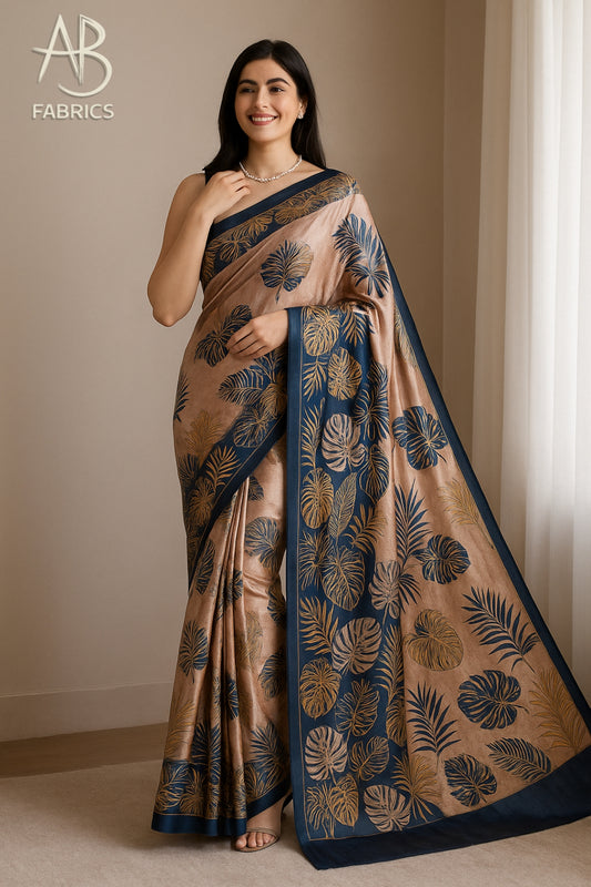Floral Hand-Printed Pure Tussar Silk Saree FH83