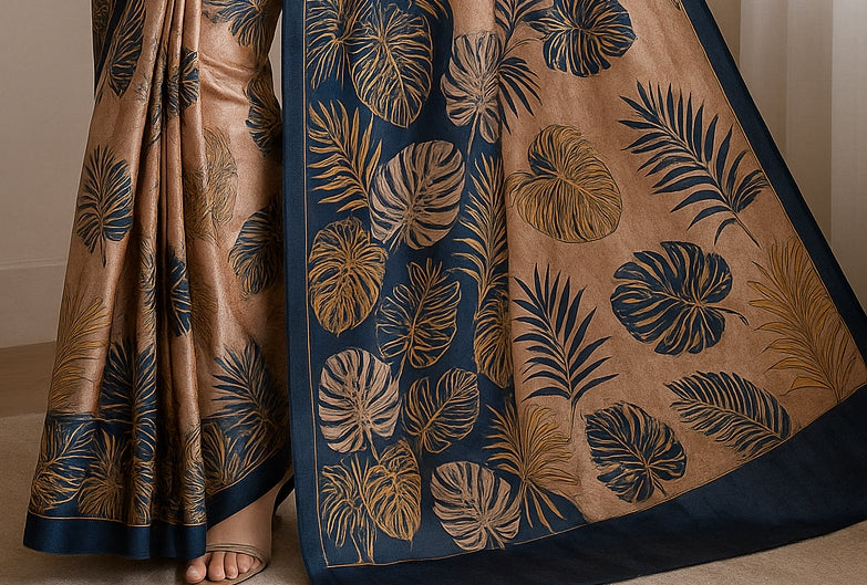 Floral Hand-Printed Pure Tussar Silk Saree FH83