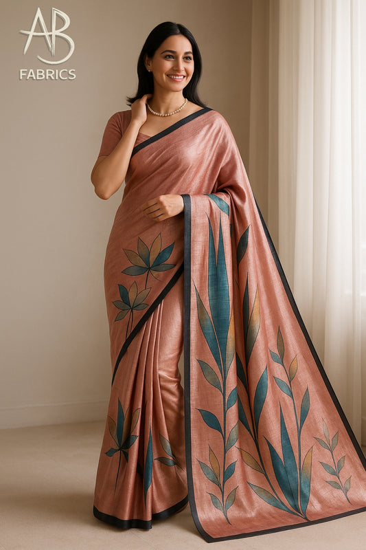 Floral Hand-Printed Pure Tussar Silk Saree FH84