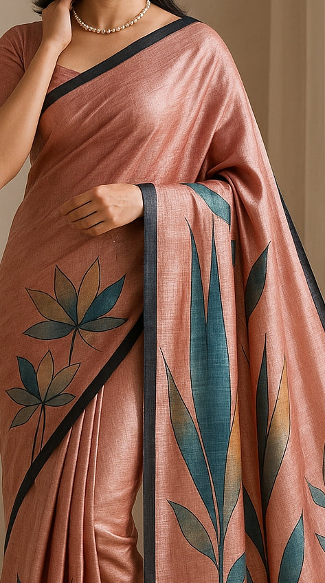 Floral Hand-Printed Pure Tussar Silk Saree FH84