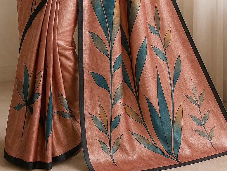 Floral Hand-Printed Pure Tussar Silk Saree FH84