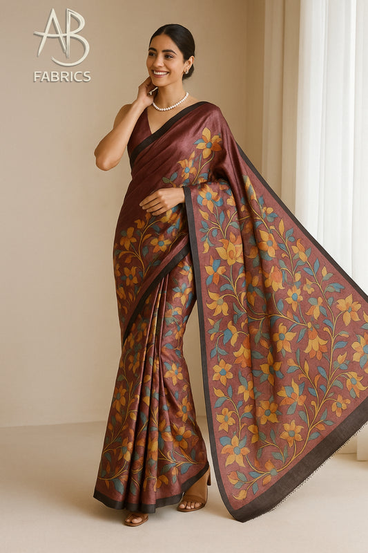 Floral Hand-Printed Pure Tussar Silk Saree FH85