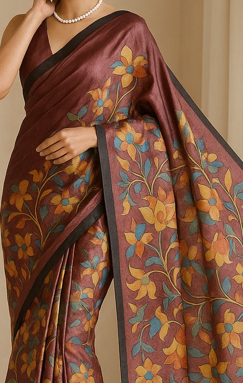Floral Hand-Printed Pure Tussar Silk Saree FH85