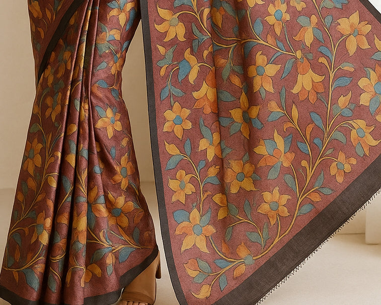 Floral Hand-Printed Pure Tussar Silk Saree FH85