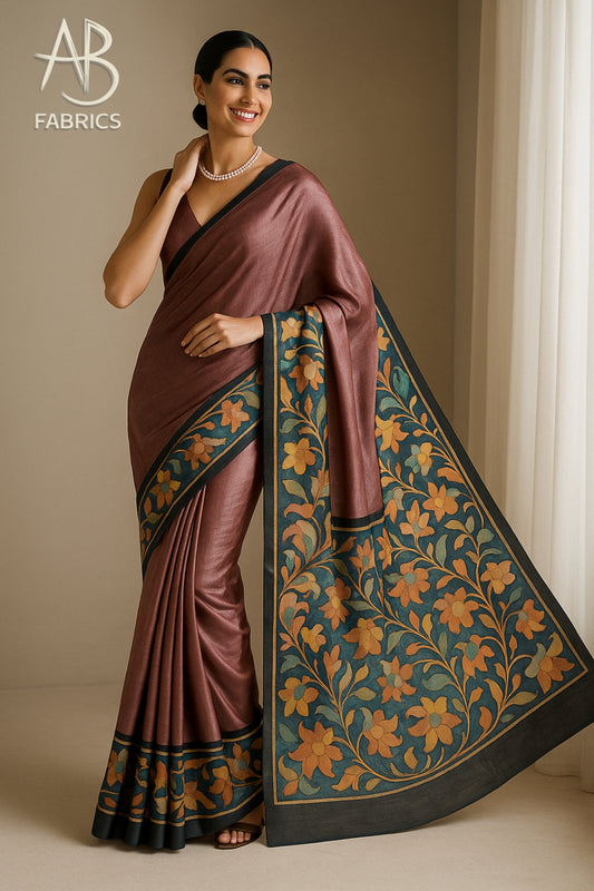 Floral Hand-Printed Pure Tussar Silk Saree FH86