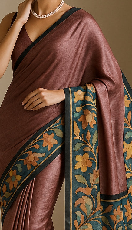 Floral Hand-Printed Pure Tussar Silk Saree FH86