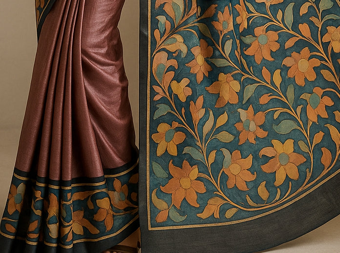 Floral Hand-Printed Pure Tussar Silk Saree FH86