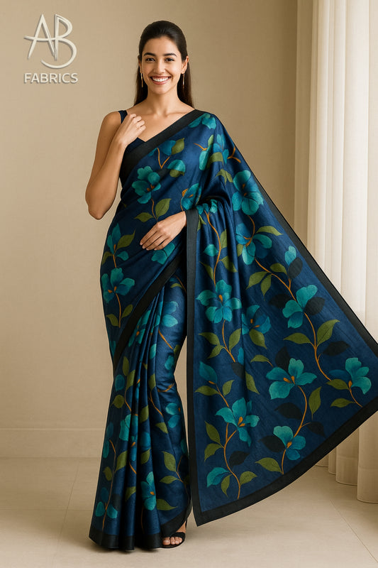 Floral Hand-Printed Pure Tussar Silk Saree FH87