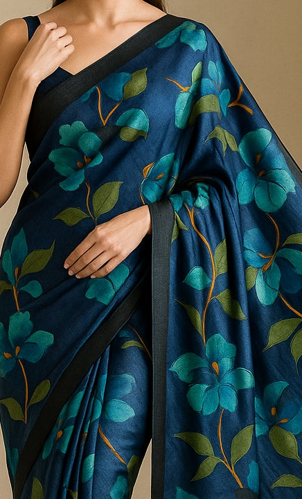 Floral Hand-Printed Pure Tussar Silk Saree FH87