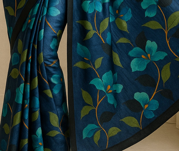 Floral Hand-Printed Pure Tussar Silk Saree FH87