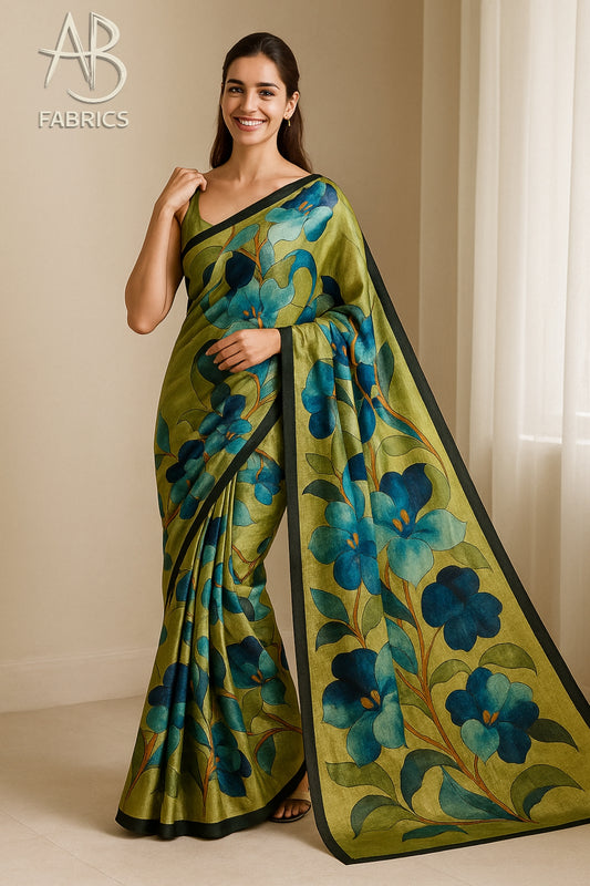 Floral Hand-Printed Pure Tussar Silk Saree FH88