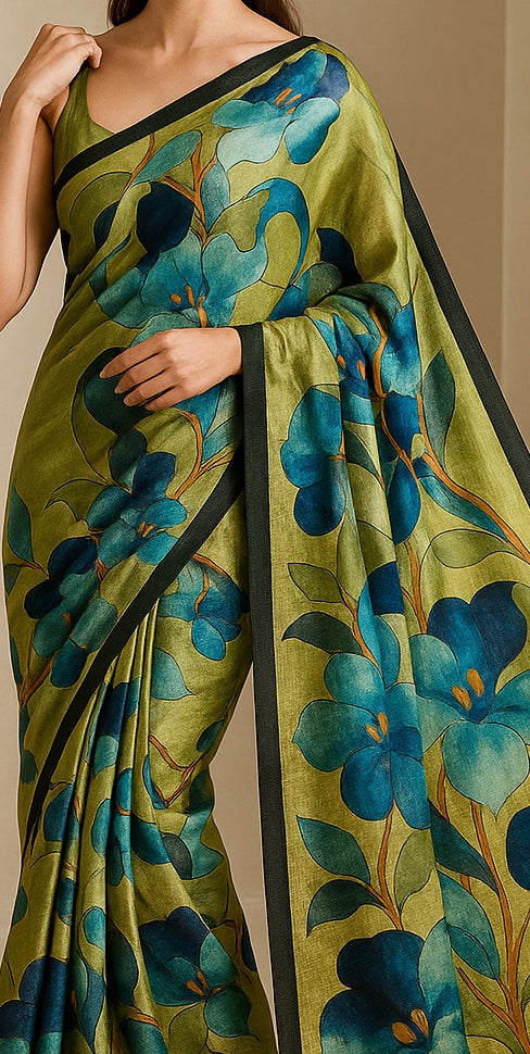 Floral Hand-Printed Pure Tussar Silk Saree FH88